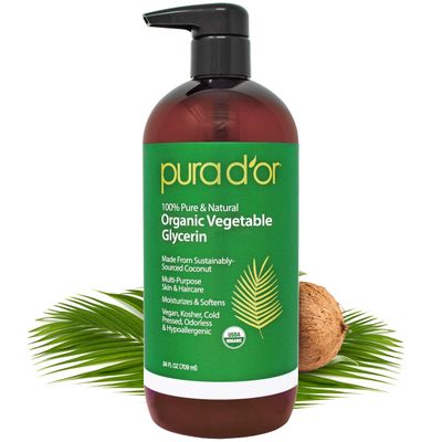 PURA DOR 24 Oz ORGANIC Vegetable Glycerin - Derived From Coconut - Clear &amp; Odorless - 100 Pure Premium Grade, Non-GMO, Kosher, Vegan, Cold Pressed, For Hair &amp; Body - DIY Skin Care Base