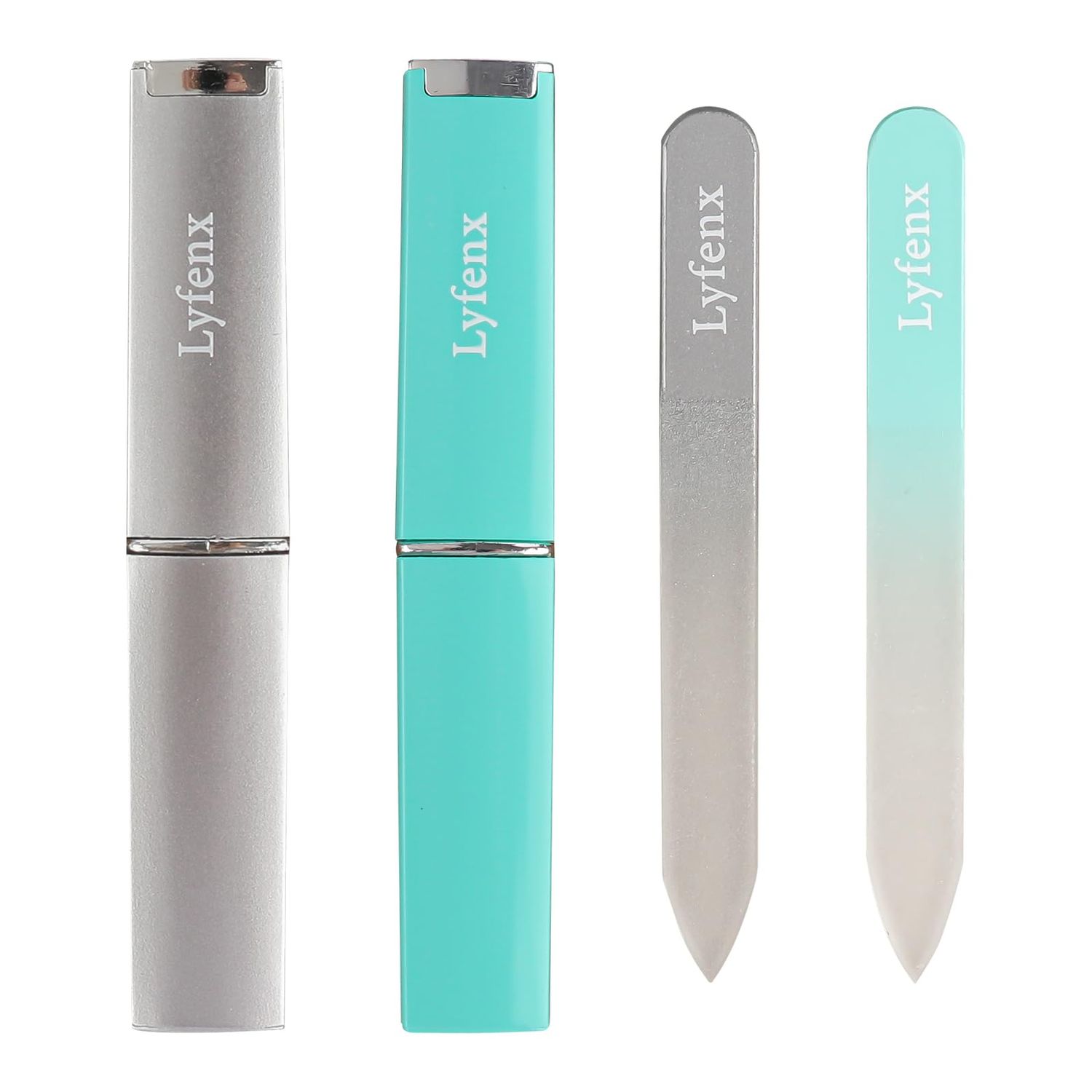 Lyfenx 2-Pack Mini Glass Nail File with Case for Natural Nails,2mm Thickness Elegant Crystal Nail Filer,Double Sided Etched Fingernail Files Gentle Nail Care Stocking Stuffers for Travel Silver&amp;Green