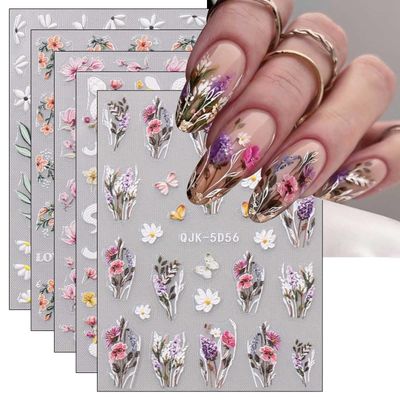 JMEOWIO 6 Sheets 3D Embossed Spring Flower Nail Art Stickers Decals Self-Adhesive Pegatinas Uas 5D Colorful Summer Floral Lavender Nail Supplies Nail Art Design Decoration Accessories