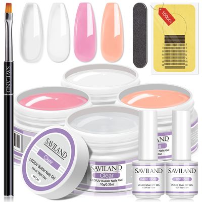 Saviland Builder Nail Gel Kit - 4 Colors Clear Nudes White Pink Hard Gel for Nail Strengthen Nail Extension Gel Kit with 100PCS Nail Forms and Acrylic Nail Brush for Beginners &amp; Professionals