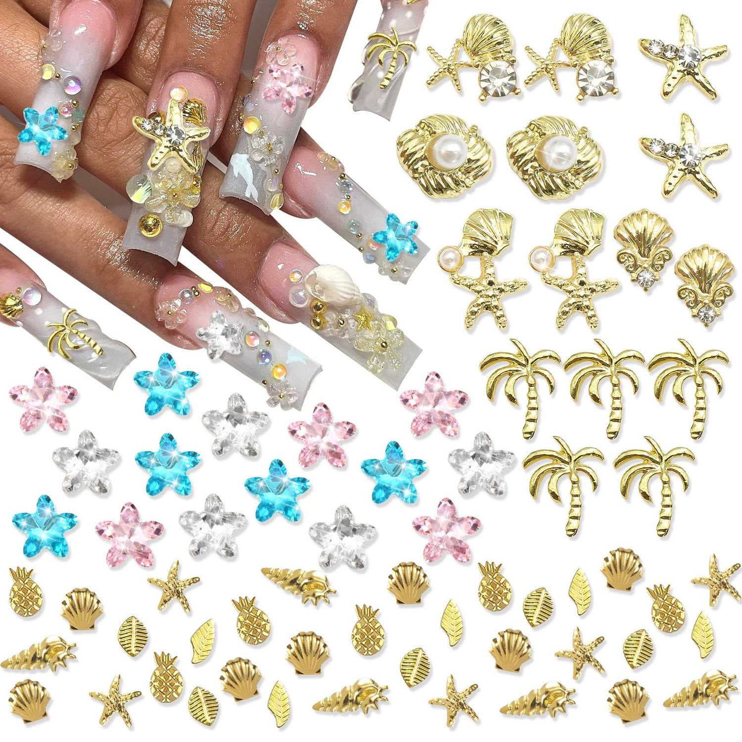 RODAKY Starfish Nail Charms Ocean Theme Nail Art Jewelry 3D Seashell Gold Nail Art Charms Summer Beach Style Nail Decoration Cute Starfish Nail Gem for Women Manicure Design Craft Embellishment DIY