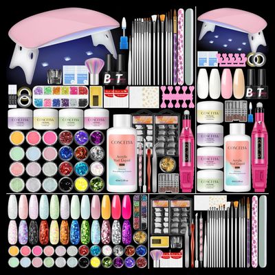 COSCELIA Acrylic Nail Kit for Beginners with Everything - Professional Starter Kit with U V Light, Nail Drill, 4 Colors Acrylic Powder, Glitter Decorations Complete DIY Gift Set for Women Nail Art