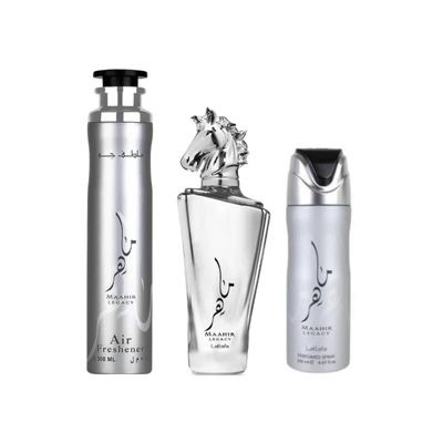 Lattafa Maahir Legacy For Men 3 Piece Gift Set (3.4 Fl Oz EDP 6.67 Fl Oz Deo 10.14 Fl Oz Air Freshener)