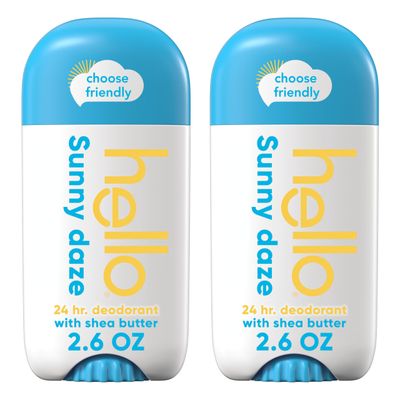 hello Sunny Daze Aluminum Free Deodorant for Women and Men with Shea Butter, 24-Hour Freshness, Baking Soda Free Deodorant, Dermatologically Tested, 2.6 oz Deodorant Stick, 2 pack