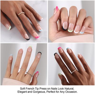 Press on Nails, Dsixnails 150pcs Short Colored Square French Tip Press on Nails in 15Sizes, 3 in 1 Brighter Acrylic Nail Tips, No Need to File Fake False Nail Tips Extension for Women Girl Nails DIY