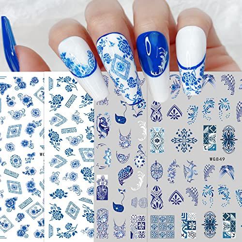 8 Sheets Blue and White Porcelain Nail Art Stickers Decals Self-Adhesive Pegatinas para Uas Retro Elements Tiger Lion Dragon Flowers Design Manicure Tips Nail Decoration for Women Girls