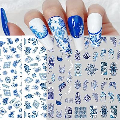 8 Sheets Blue and White Porcelain Nail Art Stickers Decals Self-Adhesive Pegatinas para Uas Retro Elements Tiger Lion Dragon Flowers Design Manicure Tips Nail Decoration for Women Girls