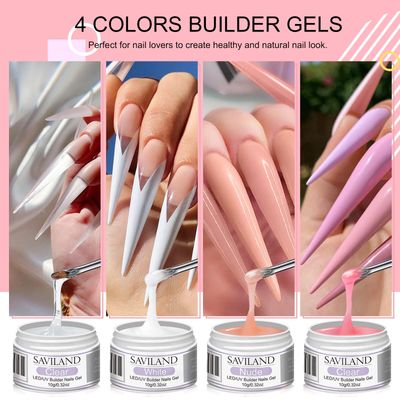 Saviland Builder Nail Gel Kit - 4 Colors Clear Nudes White Pink Hard Gel for Nail Strengthen Nail Extension Gel Kit with 100PCS Nail Forms and Acrylic Nail Brush for Beginners &amp; Professionals