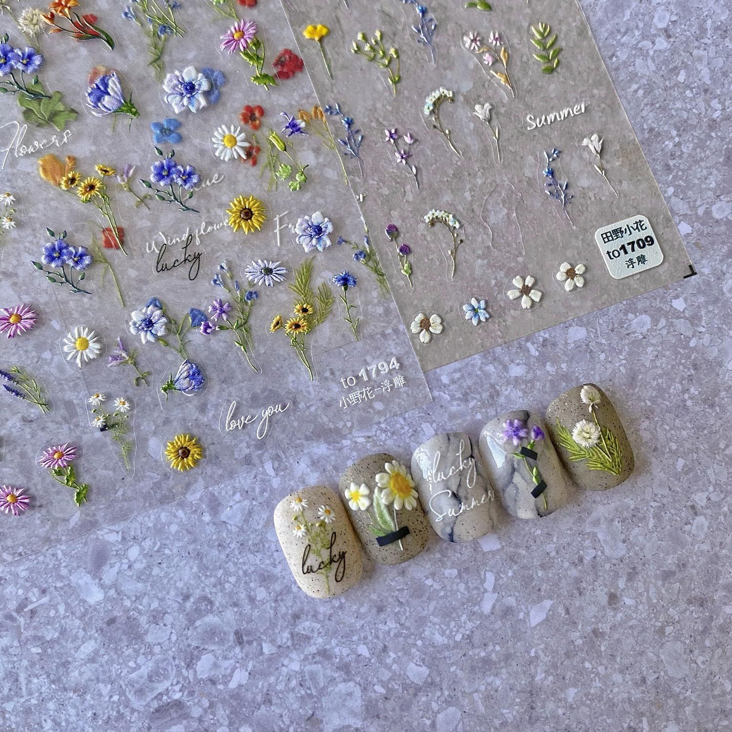 Flower Nail Stickers for Nail Art, 5D Embossed Floral Nail Decals Summer Floral Wildflower Daisy Leaf Plant Spring Flower Nail Art Supplies for Women Girls (2 Sheets)