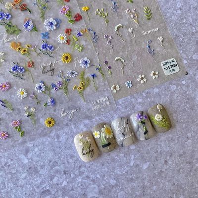 Flower Nail Stickers for Nail Art, 5D Embossed Floral Nail Decals Summer Floral Wildflower Daisy Leaf Plant Spring Flower Nail Art Supplies for Women Girls (2 Sheets)