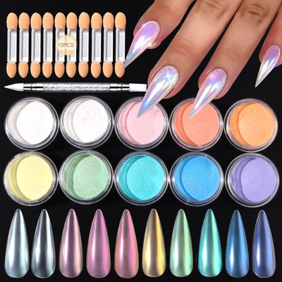 SUTOZMIWE 10 Colors Mermaid Pearl Chrome Nail Powder, Iridescent Aurora Powder Metallic Mirror Effect Pigment Pearlescent Nail Art Glitter Dust Kit for Gel Polish Nail Art Decoration