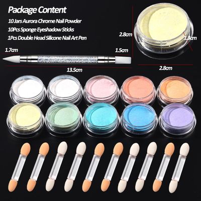 SUTOZMIWE 10 Colors Mermaid Pearl Chrome Nail Powder, Iridescent Aurora Powder Metallic Mirror Effect Pigment Pearlescent Nail Art Glitter Dust Kit for Gel Polish Nail Art Decoration