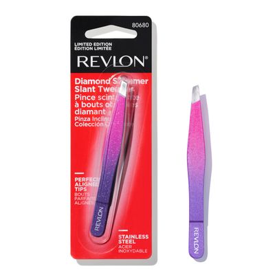 Revlon Diamond Collection Slanted Tip Tweezers, Ultra-Sharp for Precision Eyebrow Shaping and Facial Hair Removal, Made with Stainless Steel, Pink &amp; Purple, 1 Count