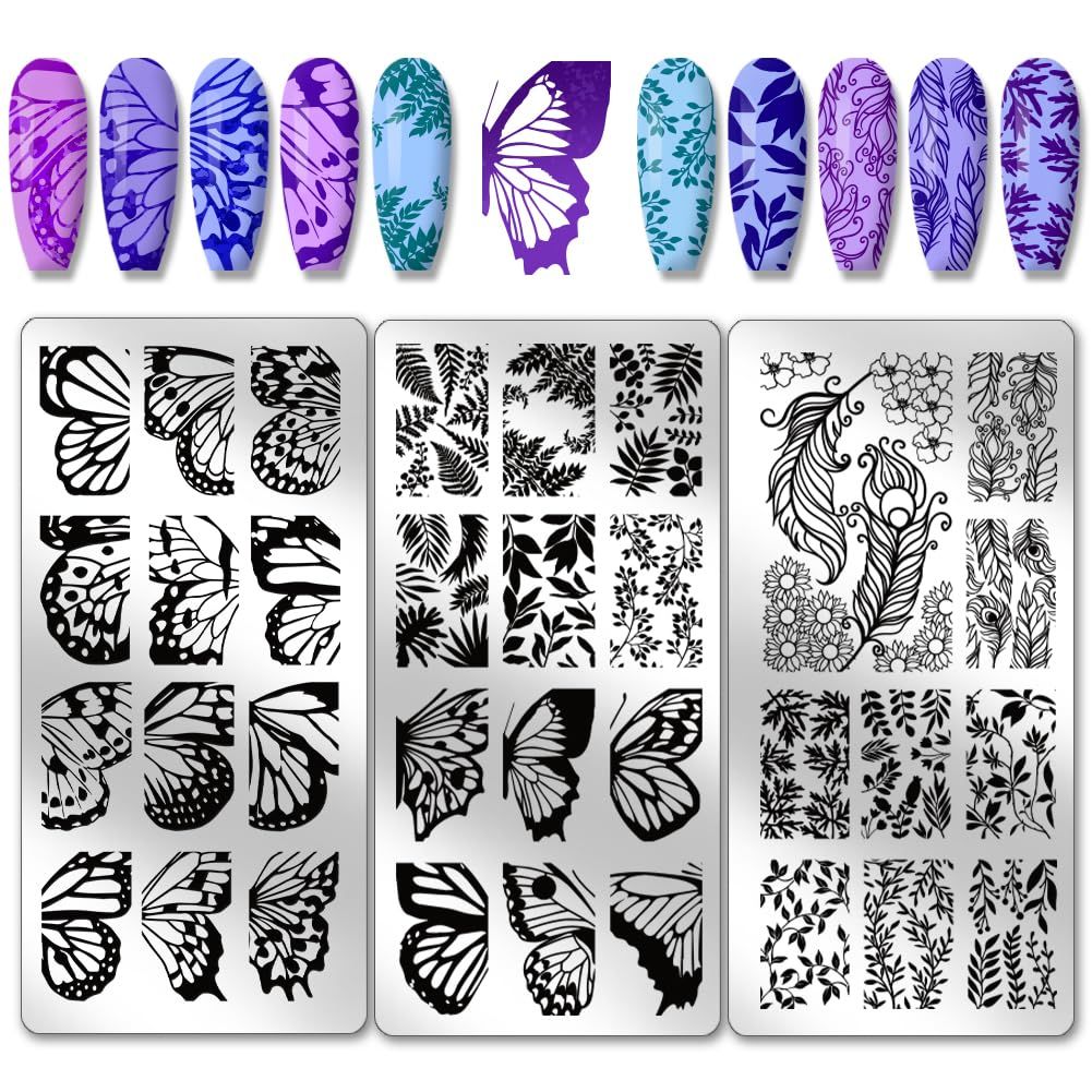 PH PandaHall 3pcs Butterfly Nail Stamper, 36 Patterns Plant Nail Stamping Plate Leaf Branch Nail Art Stencils Print Nail Stencils Stainless Steel Nail Image Plate for Nail Design Print Manicure Salon