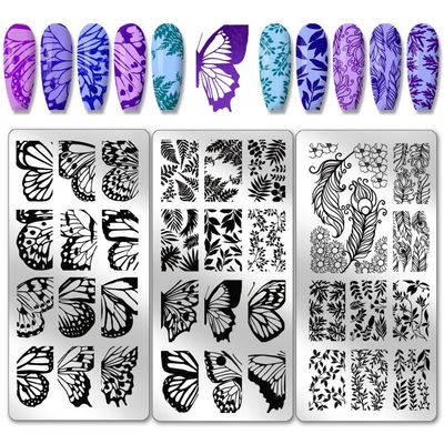 PH PandaHall 3pcs Butterfly Nail Stamper, 36 Patterns Plant Nail Stamping Plate Leaf Branch Nail Art Stencils Print Nail Stencils Stainless Steel Nail Image Plate for Nail Design Print Manicure Salon