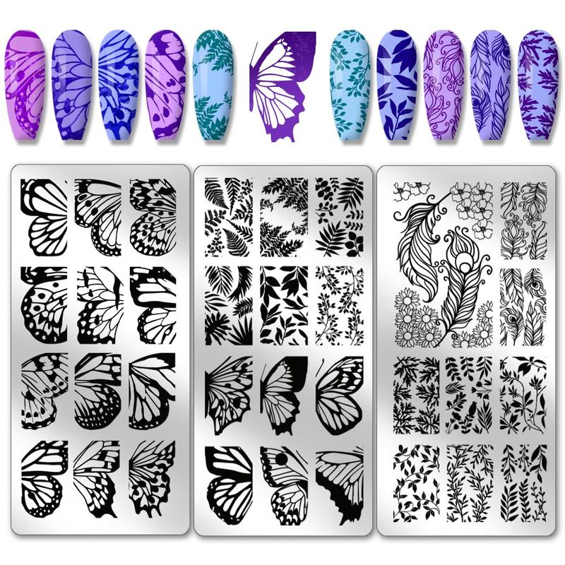 PH PandaHall 3pcs Butterfly Nail Stamper, 36 Patterns Plant Nail Stamping Plate Leaf Branch Nail Art Stencils Print Nail Stencils Stainless Steel Nail Image Plate for Nail Design Print Manicure Salon