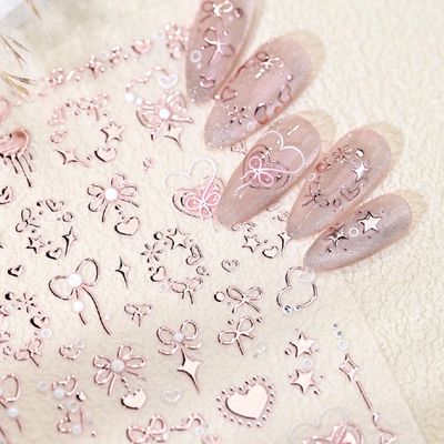 Bow Nail Sticker for Nail Art Self-Adhesive Pink Heart Star Bow Nail Art Stickers Designs Heart Love Bows Daily DIY Nail Decoration Stickers Decals for Women and Girls Holiday Acrylic Nails