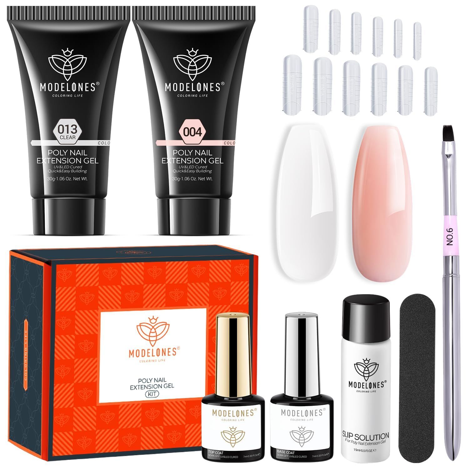 Modelones Poly Nail Gel Kit 30ml 2PCS with Slip Solution Top Base Coat Extension Builder Enhancement Professional Starter Kit DIY Salon Use