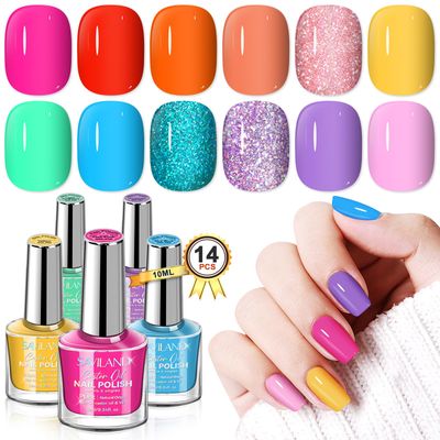 SAVILAND Finger Nail Polish Set for Beginner: 12 Neon Colors Air Quick Dry Nail Polish Summer Glitter Nail Polish Kit Regular Fingernail Polish Non Gel with Base-Top Polish for Toe Manicure Nail Art