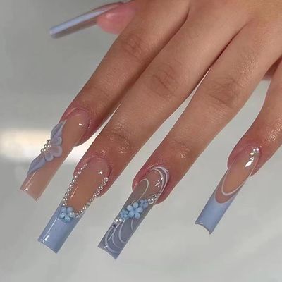 DANMANR Fake Nails Blue Long Press on Coffin Nails Full Cover Acrylic Pearl Fake French Nails for Women and Girls 24PCS