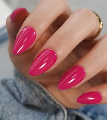 Morily Short Fake Press on Nails Almond with Designs, Hot Pink Acrylic Thick Stick on False Nail Reusable Glossy Full Cover Manicure for Women, 32 Pcs