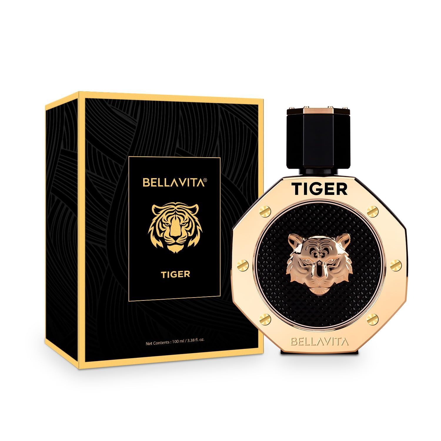 BellaVita Luxury TIGER Perfume for Men (3.38 Fl.oz) | Amber OUD, Patchouli, Bergamot, Lavender &amp; Agarwood | Premium Lasting Mens Fragrances | Eau de Parfum gift for Men | Woody &amp; Smooth Mens Purfume