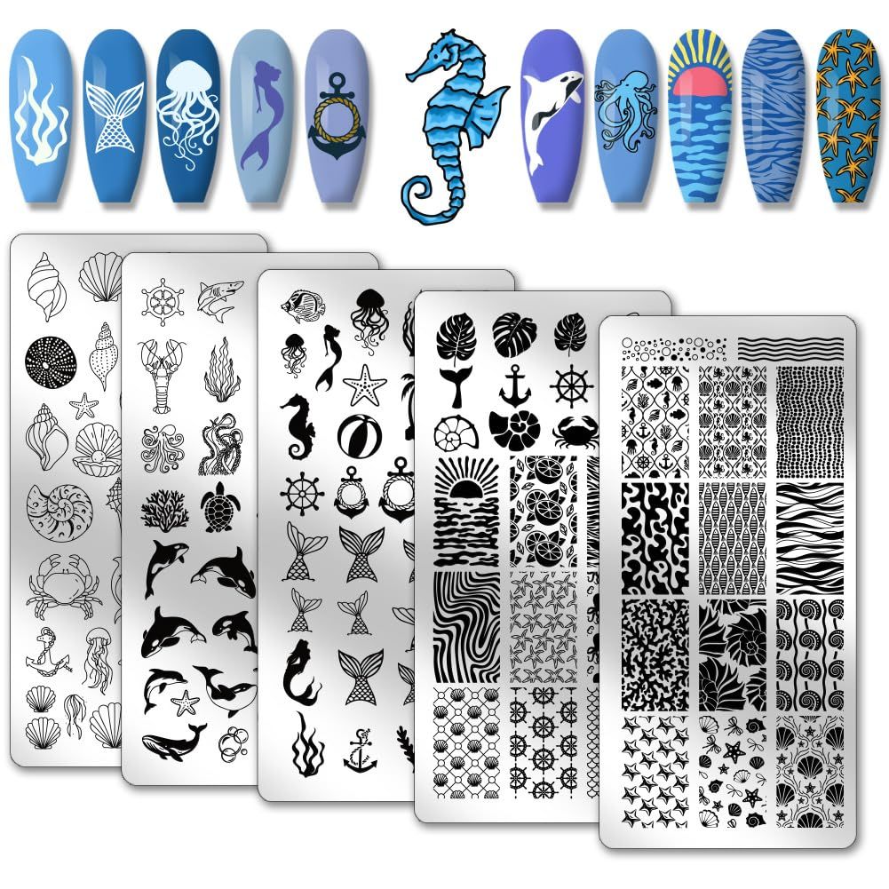 PH PandaHall 5pcs Ocean Theme Nail Stamping Sea Creature Nail Art Templates Shell Starfish Nail Art Stencils Mermaid Dolphins Nail Plates Turtle Nail Image Plates for Summer Nail Design Manicure Salon