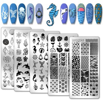 PH PandaHall 5pcs Ocean Theme Nail Stamping Sea Creature Nail Art Templates Shell Starfish Nail Art Stencils Mermaid Dolphins Nail Plates Turtle Nail Image Plates for Summer Nail Design Manicure Salon