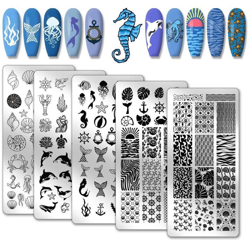 PH PandaHall 5pcs Ocean Theme Nail Stamping Sea Creature Nail Art Templates Shell Starfish Nail Art Stencils Mermaid Dolphins Nail Plates Turtle Nail Image Plates for Summer Nail Design Manicure Salon