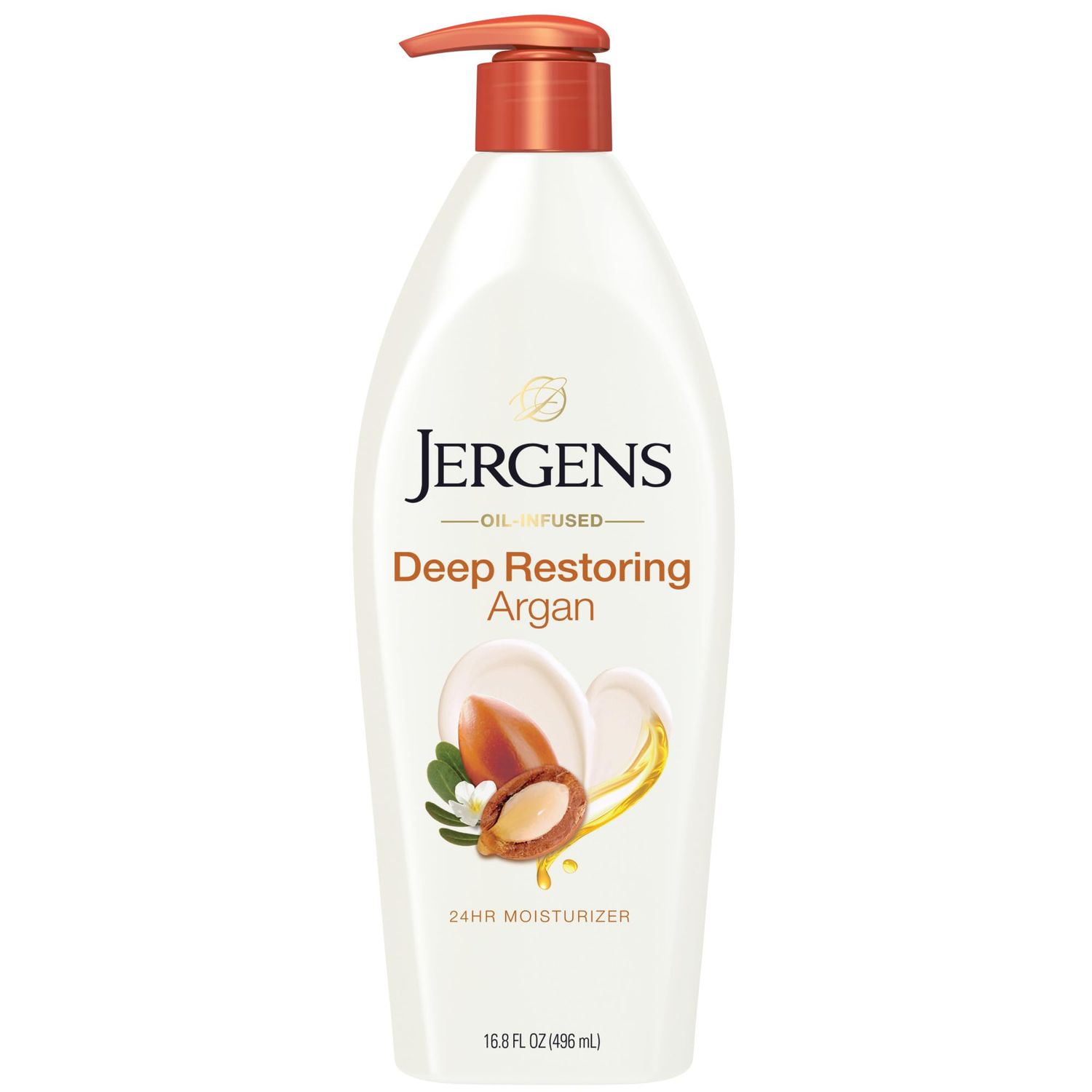 Jergens Deep Restoring Argan Oil Moisturizer, Soothing Body and Hand Lotion with Reviving Argan Oil and Vitamin E, Oil-Infused, Dermatologist Tested, 16.8 oz