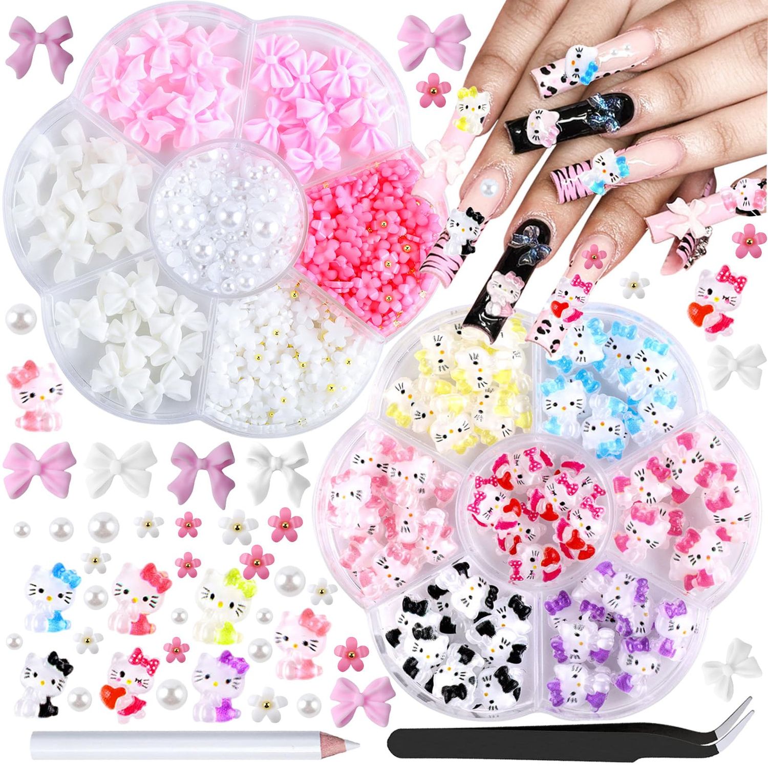 Kawaii Nail Charms,3D Nail Art Charms Bow Nail Charms Pearls Y2K Slime Charms for DIY Nail Art Decoration Supplies Flatback Resin Cute Cat Charms for Acrylic Nail Cartoon Kitty Nail Accessories &amp; Tool