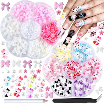 Kawaii Nail Charms,3D Nail Art Charms Bow Nail Charms Pearls Y2K Slime Charms for DIY Nail Art Decoration Supplies Flatback Resin Cute Cat Charms for Acrylic Nail Cartoon Kitty Nail Accessories &amp; Tool