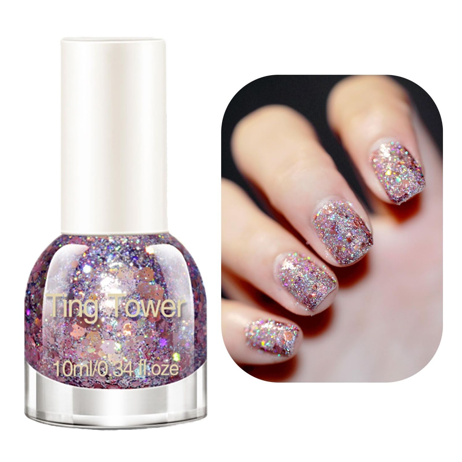 NovaCharm Light Pink Glitter Nail Polish - 10ml Quick Dry Sparkly Clear Holographic - Iridescent Chunky for Nail Art Manicure at Home