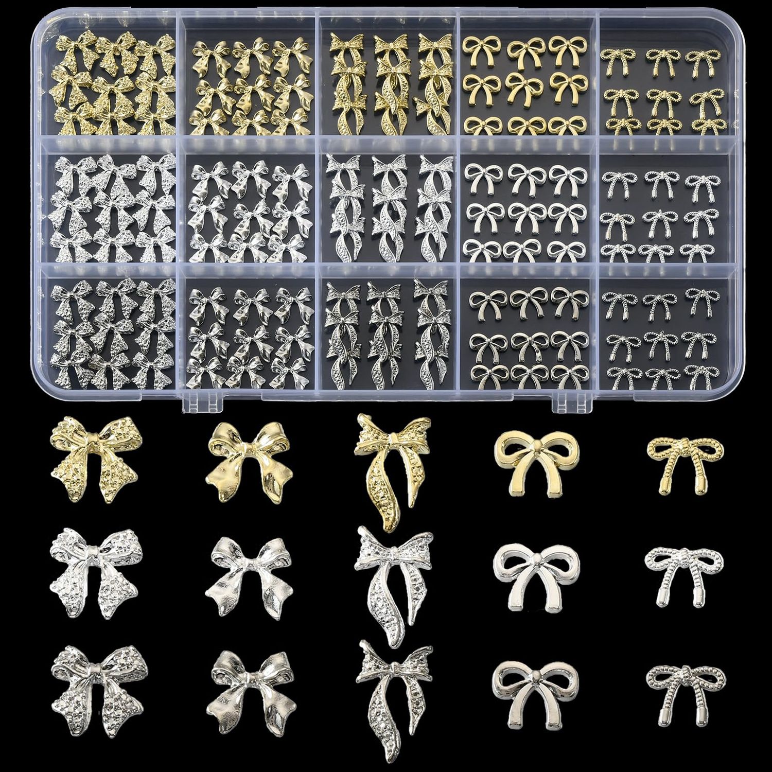 OPMADM 135 Pcs Bow Nail Charms 5 Styles Metal Bow Charms for Nails Gold Silver and White Gold