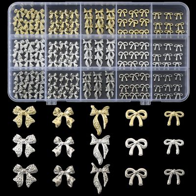 OPMADM 135 Pcs Bow Nail Charms 5 Styles Metal Bow Charms for Nails Gold Silver and White Gold