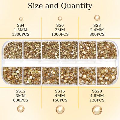 4000Pcs Champagne Gold Flatback Rhinestones for Crafts,6 Sizes Gold Crystal Rhinestone for Nail Gems Jewels Glitter Glass Diamond for Nails Design DIY Face Makeup Tumblers Clothes Stones Decoration