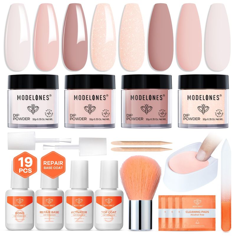 Modelones Dip Powder Nail Kit, 4 Colors Nude Pink Glitter Dipping Starter Set with Liquid and Complete Accessories for French Nails Art Salon DIY at Home Manicure