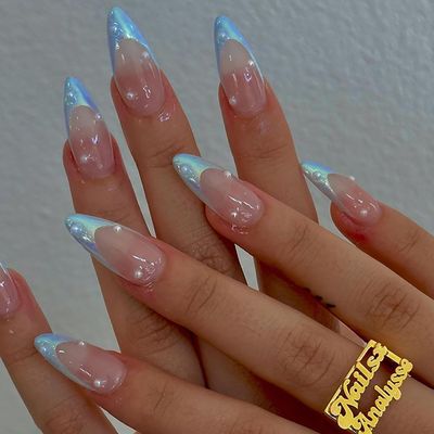 LOPMNGHT Blue French Tip Press on Nails Medium Almond Shaped False Nails Artificial Acrylic Nails Pearl Design French Fake Nails 24Pcs Full Cover Glossy Reusable Coffin Nails Glue on Nails for Women