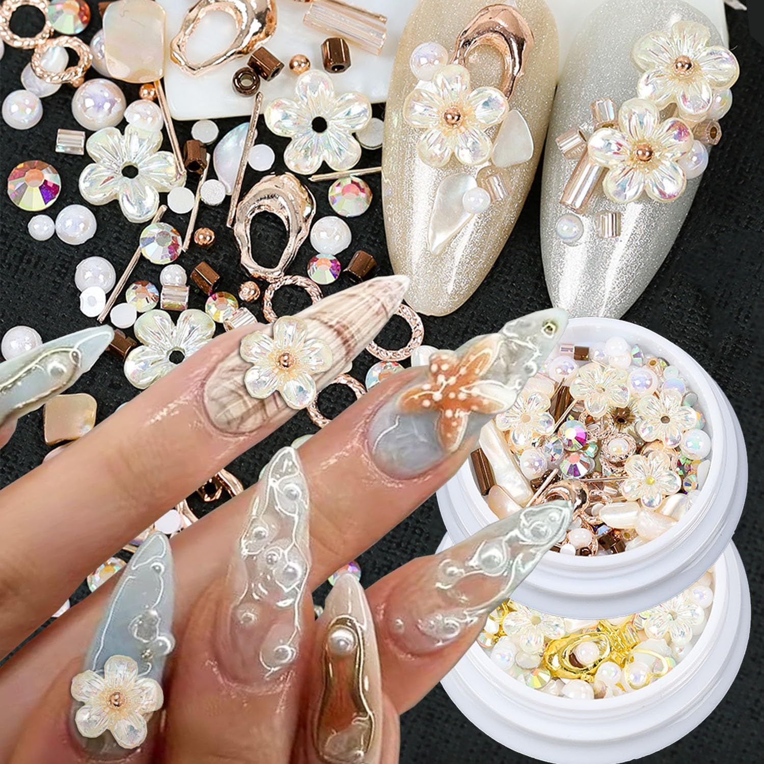 Flower Nail Charms Mixed Style Flower Heart Pearl Nail Rhinestones Design Nail Gems and Jewelry Spring Summer Daily Nail Art Charms Acrylic DIY Nail Decoration Accessories for Women and Girls