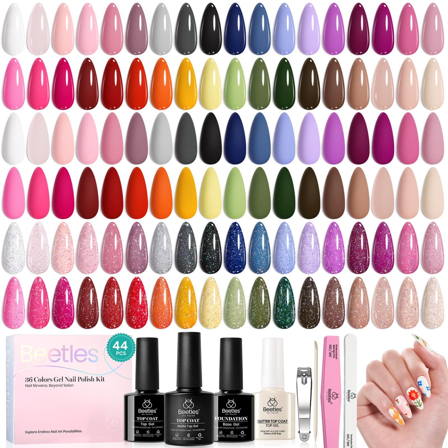 beetles Gel Polish 44pcs Gel Nail Polish Set 36 Colors Nude White Hot Pink Red Blue Black Brown with Base Coat Glossy Matte Glitter Top Coat Gifts for Women Colorful Muse