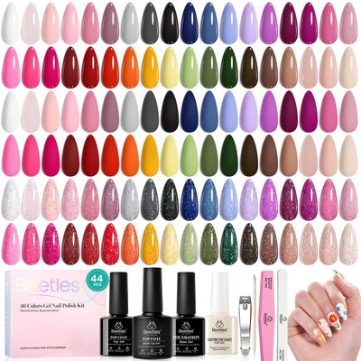 beetles Gel Polish 44pcs Gel Nail Polish Set 36 Colors Nude White Hot Pink Red Blue Black Brown with Base Coat Glossy Matte Glitter Top Coat Gifts for Women Colorful Muse
