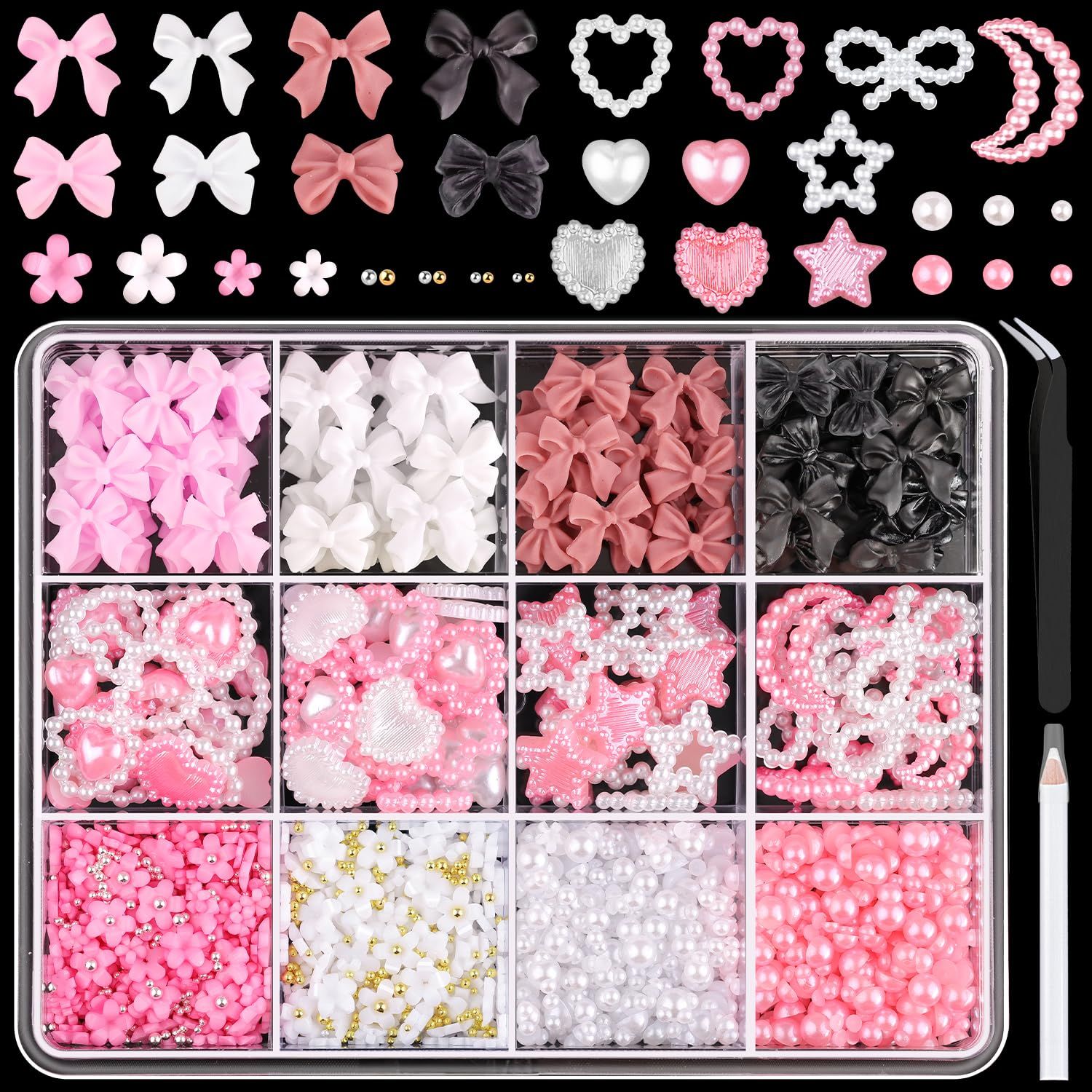 Chunky Nail Charms and Gems Set 1, Girly Coquette Nail Charms Assorted Pearl Bows Heart Star Moon Cute 3D Flowers for Nails Pink &amp; White Flatback Pearls with Pickup Tool for Kawaii Nail Design
