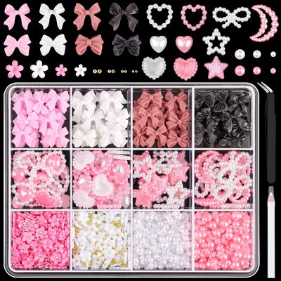 Chunky Nail Charms and Gems Set 1, Girly Coquette Nail Charms Assorted Pearl Bows Heart Star Moon Cute 3D Flowers for Nails Pink &amp; White Flatback Pearls with Pickup Tool for Kawaii Nail Design