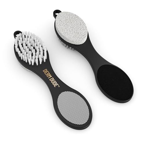 Derm Dude 4-in-1 Foot Scrubber &amp; Heel Repair Tool | Foot File Callus Remover for Feet | Pedicure Tool with Metal File, Pumice Stone, Emery Board &amp; Cleaning Brush to Soften &amp; Smooth Rough, Dry Feet