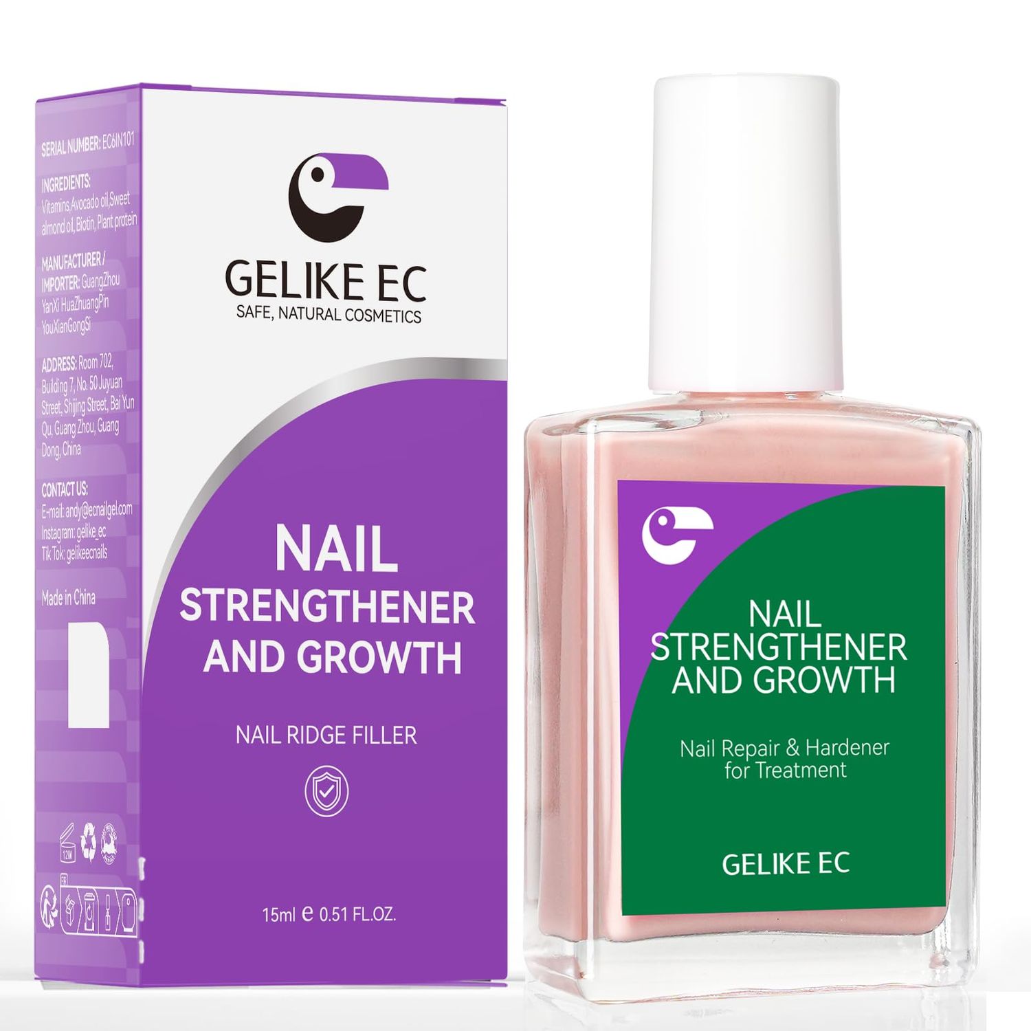 Gelike EC Nail Strengthener for Woman: Nude Blush 15ml 6 in 1 Natural Nail Hardener Extra Strong and Growth - Nail Polish Hardener for Weak and Damaged Nails