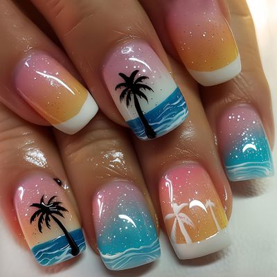 Summer French Tip Press on Nails Coconut Tree Stick on Nails Gloss Gradient Acrylic Glue on Nails Holiday False Nails Medium Square Fake Nails Glitter Artificial Nails Full Cover Nails for Women 24Pcs