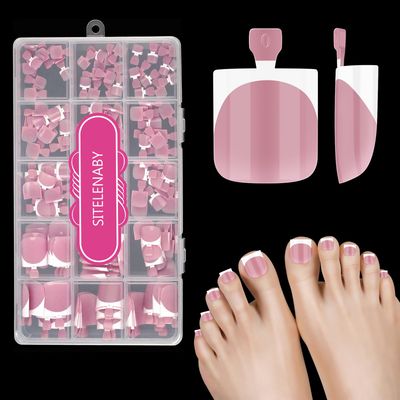 Press On Toenails for Women,SITELENABY French Toe Nail Press Ons Toe Tips,180 pcs Square Toe Nail Tips,15 Sizes Soft Gel False Toenail Extension,Full Cover Acrylic for Salon X