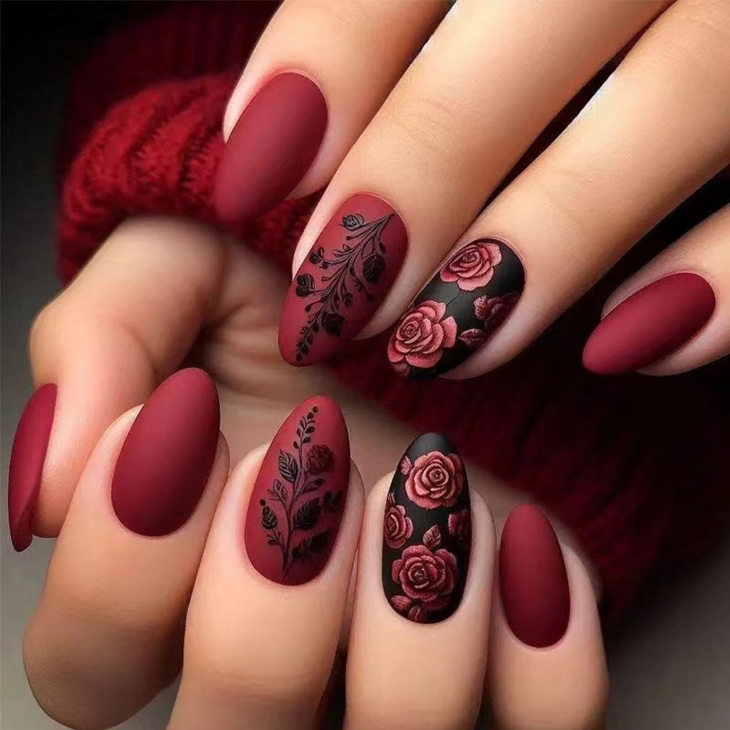 LBPEPAMZ Red Press on Nails Short Medium Almond Fake Nails with Black Rose Designs Pink Embossed Romantic Flower False Nails Valentines Day Full Cover Matte Acrylic Stick on Nails for Women 24Pcs