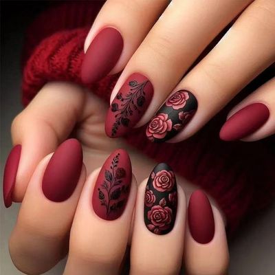LBPEPAMZ Red Press on Nails Short Medium Almond Fake Nails with Black Rose Designs Pink Embossed Romantic Flower False Nails Valentines Day Full Cover Matte Acrylic Stick on Nails for Women 24Pcs