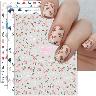 IDDFEVE Rose Flower Nail Art Stickers - Pink Floral Leaf Self-Adhesive 3D Nail Decals for DIY Spring Summer Manicure (6 Sheets)